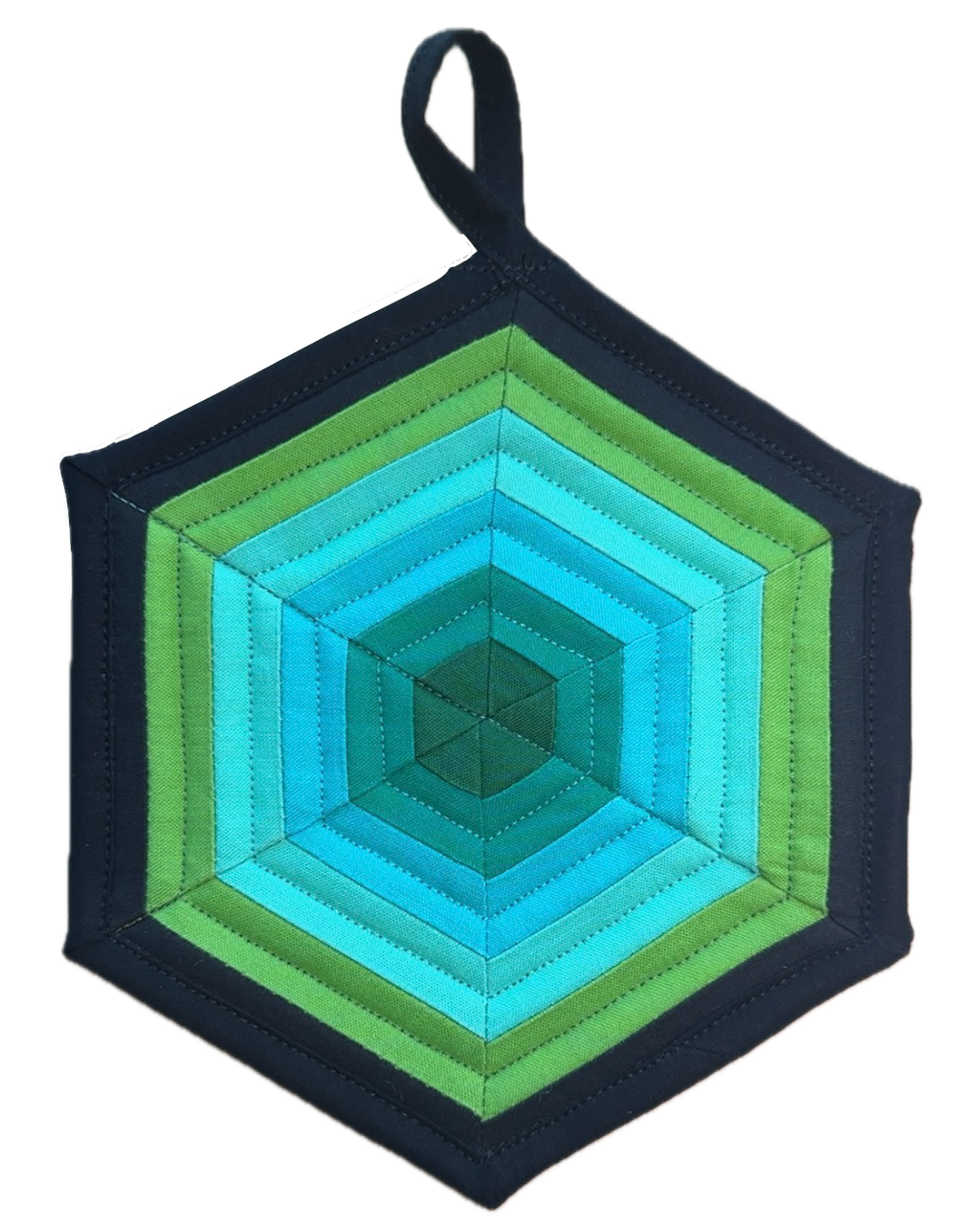 Handmade Quilted Pot Holder (Black/Green Hexagon)