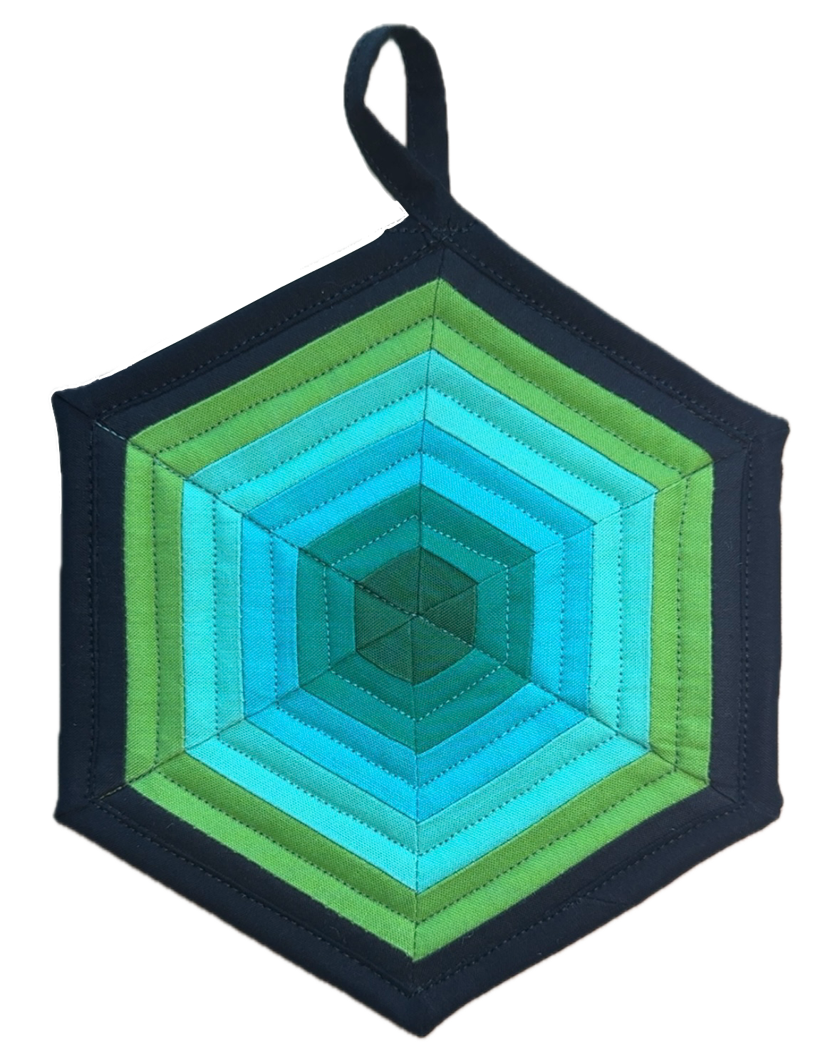 Handmade Quilted Pot Holder (Black/Green Hexagon)
